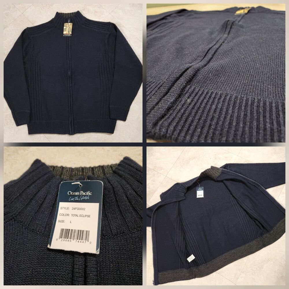 Ocean Pacific OP Mens L Large Navy Blue Full Zip Acrylic Knit Sweater NWT NEW
